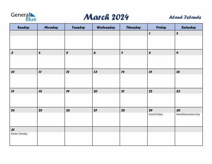 March 2024 Calendar with Holidays in Aland Islands
