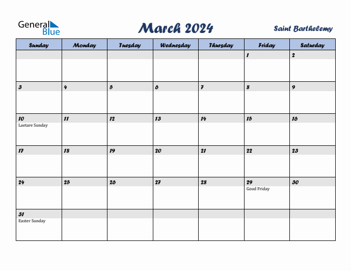 March 2024 Calendar with Holidays in Saint Barthelemy