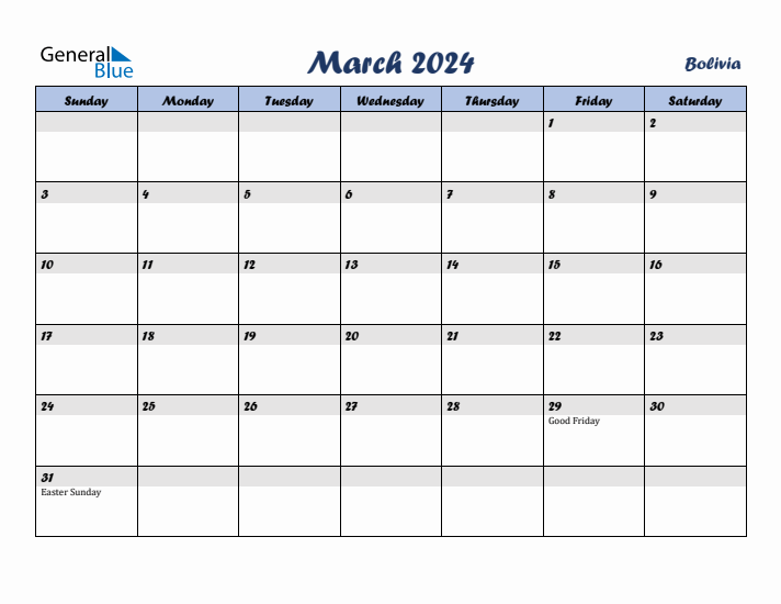 March 2024 Calendar with Holidays in Bolivia