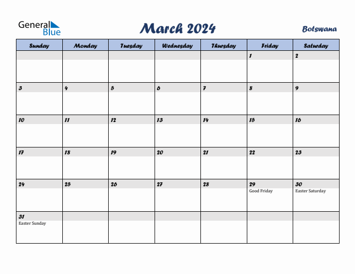 March 2024 Calendar with Holidays in Botswana