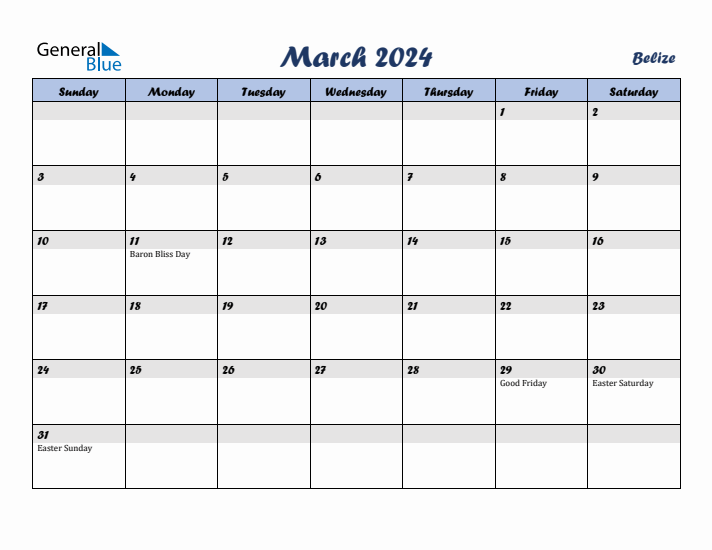 March 2024 Calendar with Holidays in Belize