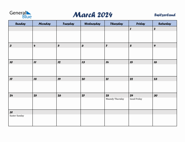 March 2024 Calendar with Holidays in Switzerland