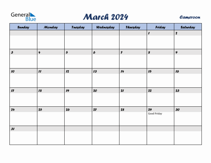 March 2024 Calendar with Holidays in Cameroon