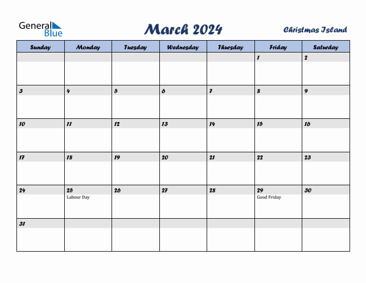 March 2024 Calendar with Holidays in Christmas Island