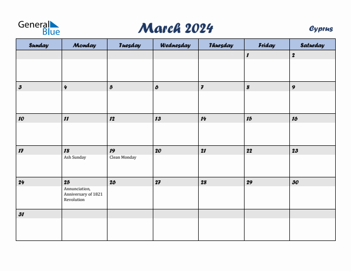 March 2024 Calendar with Holidays in Cyprus