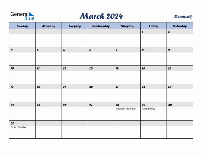 March 2024 Calendar with Holidays in Denmark