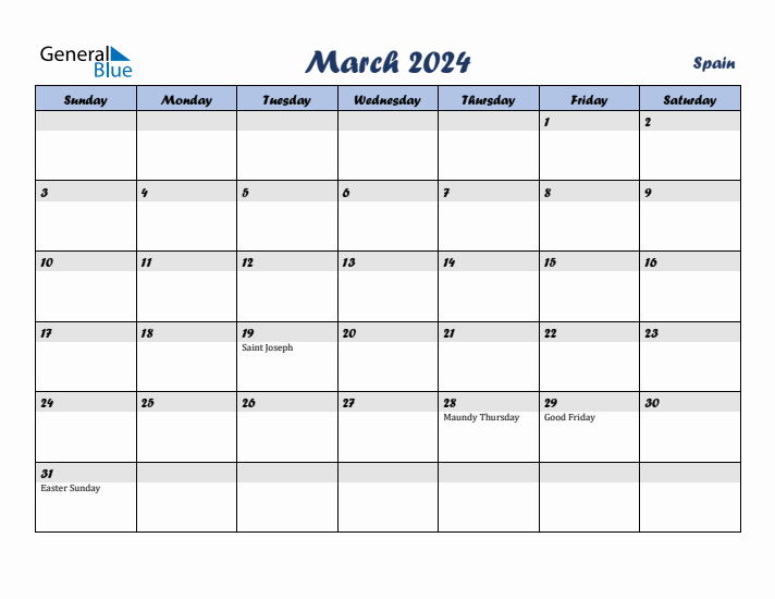 March 2024 Calendar with Holidays in Spain