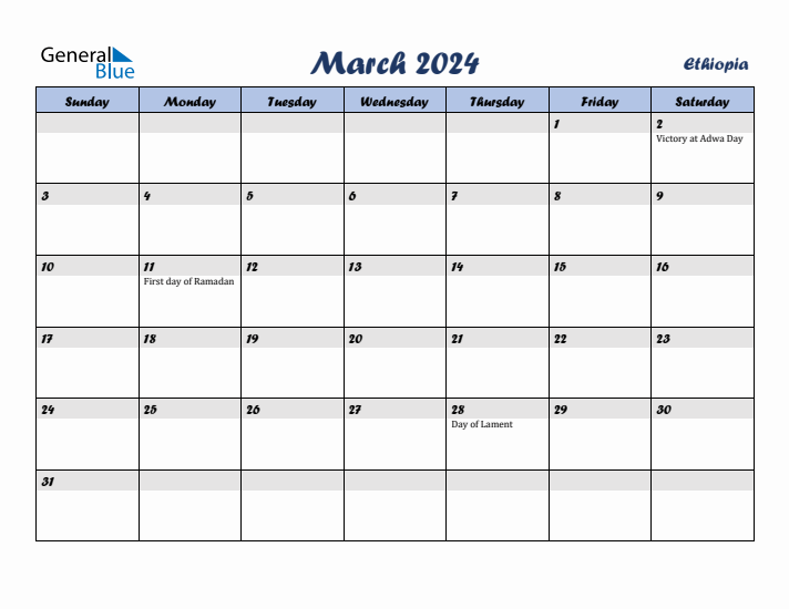March 2024 Calendar with Holidays in Ethiopia