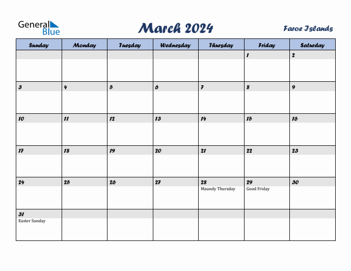 March 2024 Calendar with Holidays in Faroe Islands