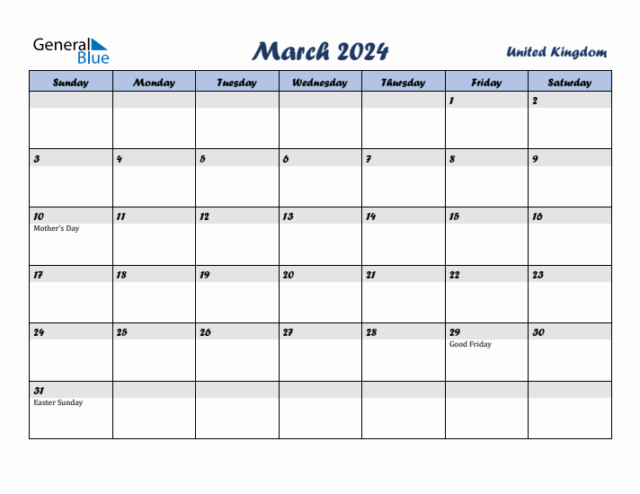 March 2024 Calendar with Holidays in United Kingdom