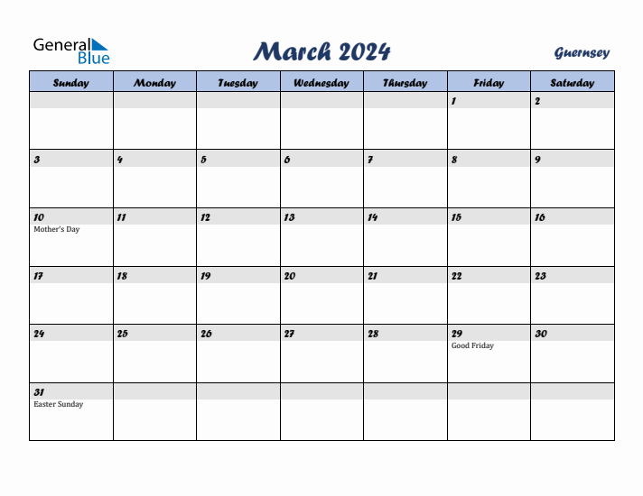 March 2024 Calendar with Holidays in Guernsey