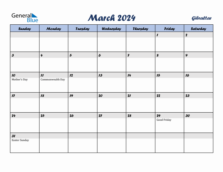 March 2024 Calendar with Holidays in Gibraltar