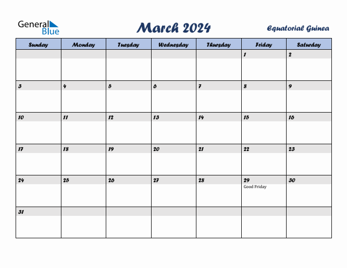 March 2024 Calendar with Holidays in Equatorial Guinea
