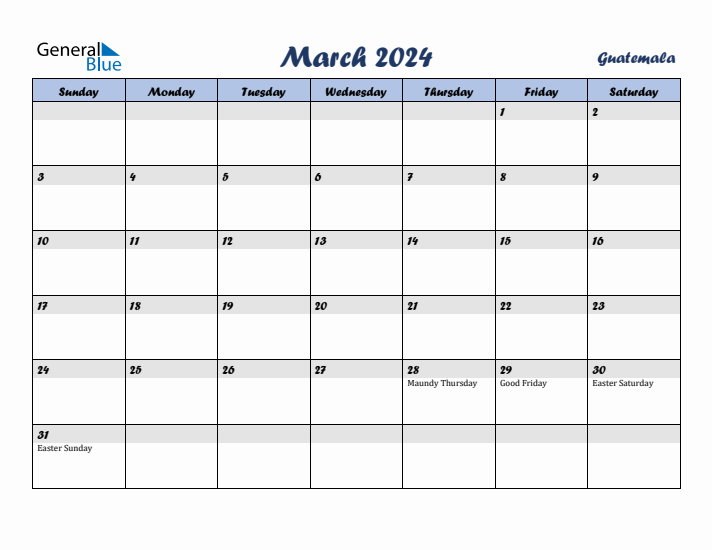 March 2024 Calendar with Holidays in Guatemala