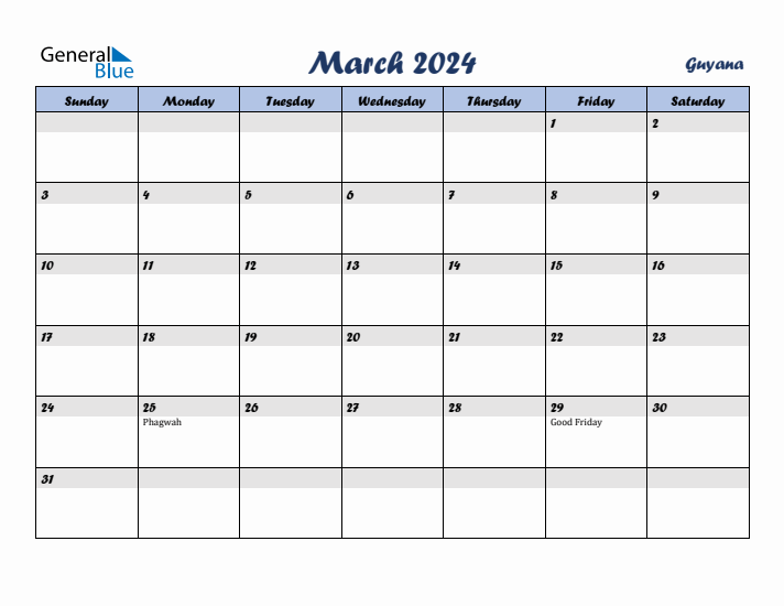 March 2024 Calendar with Holidays in Guyana
