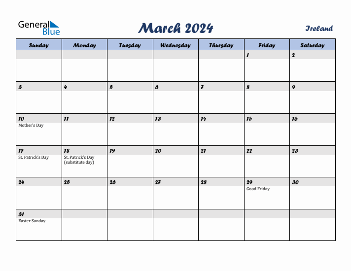 March 2024 Calendar with Holidays in Ireland