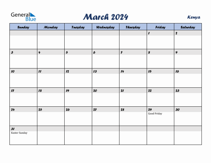 March 2024 Monthly Calendar Template with Holidays for Kenya