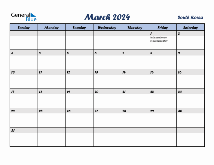 March 2024 Calendar with Holidays in South Korea