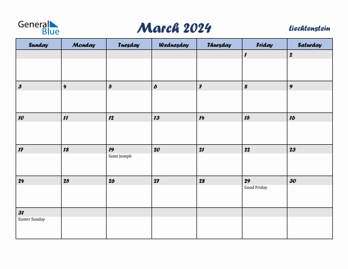 March 2024 Calendar with Holidays in Liechtenstein