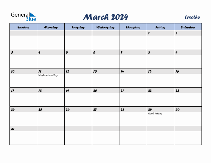 March 2024 Calendar with Holidays in Lesotho