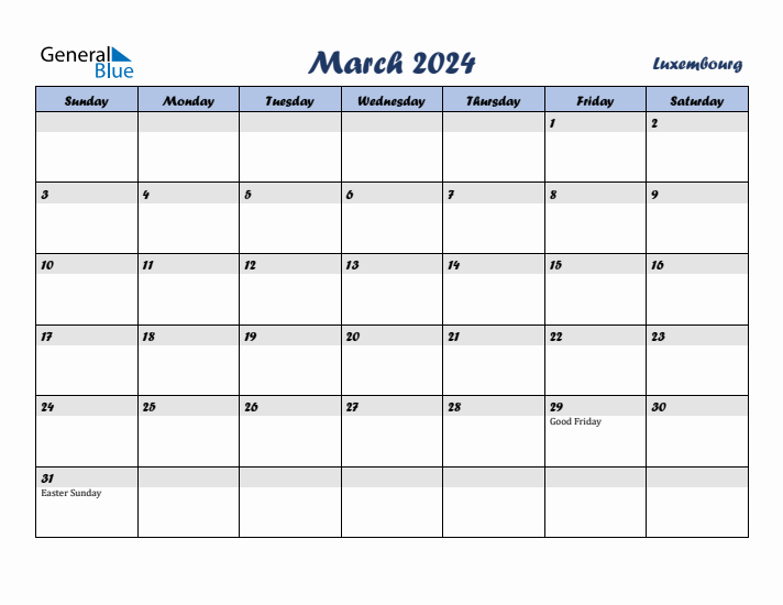 March 2024 Monthly Calendar with Luxembourg Holidays