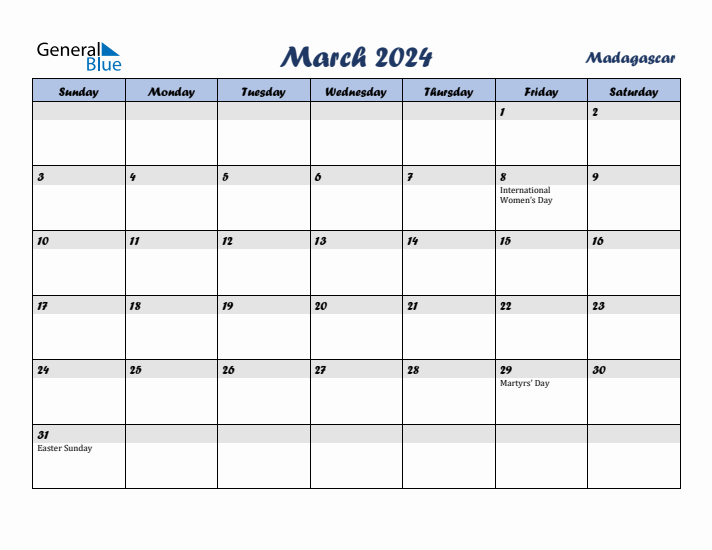 March 2024 Calendar with Holidays in Madagascar