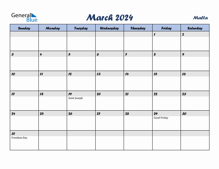 March 2024 Calendar with Holidays in Malta