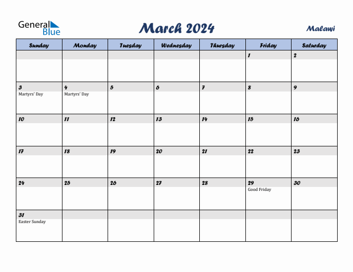 March 2024 Calendar with Holidays in Malawi
