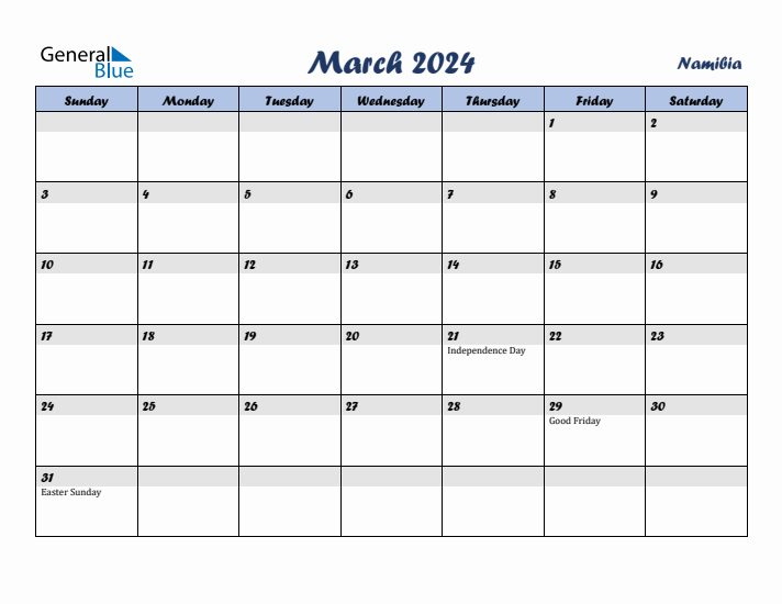 March 2024 Calendar with Holidays in Namibia
