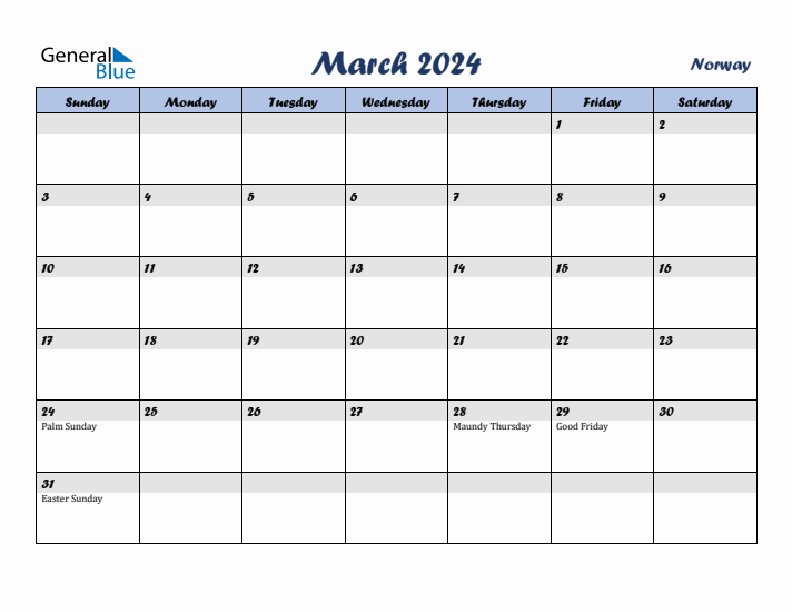 March 2024 Calendar with Holidays in Norway