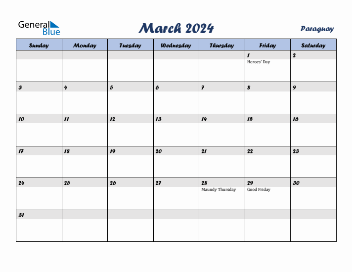 March 2024 Calendar with Holidays in Paraguay