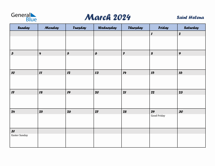 March 2024 Calendar with Holidays in Saint Helena