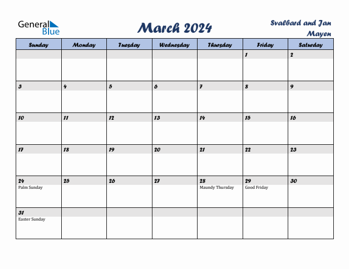 March 2024 Calendar with Holidays in Svalbard and Jan Mayen