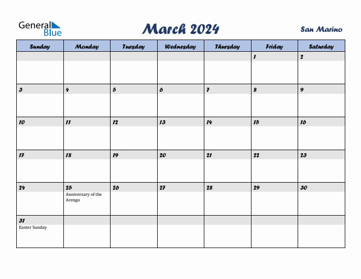 March 2024 Calendar with Holidays in San Marino