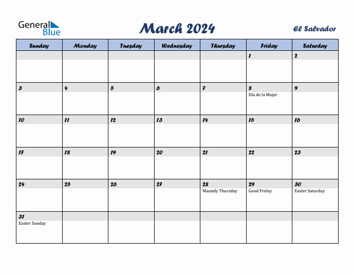 March 2024 Calendar with Holidays in El Salvador