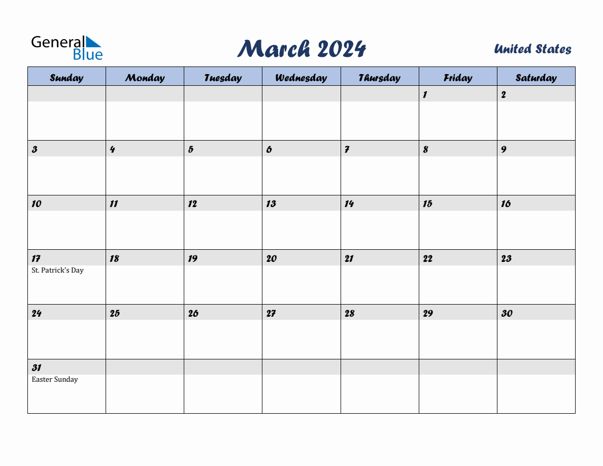 March 2024 Monthly Calendar Template with Holidays for United States