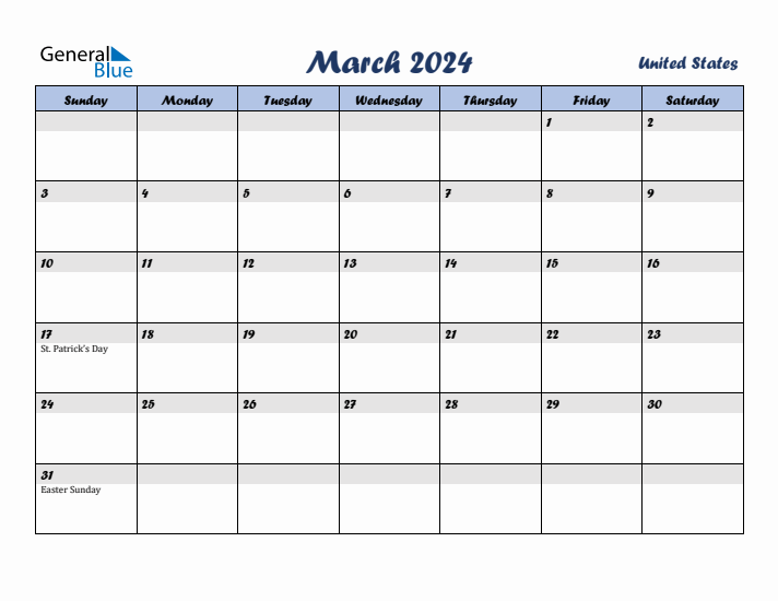 March 2024 Monthly Calendar Template with Holidays for United States