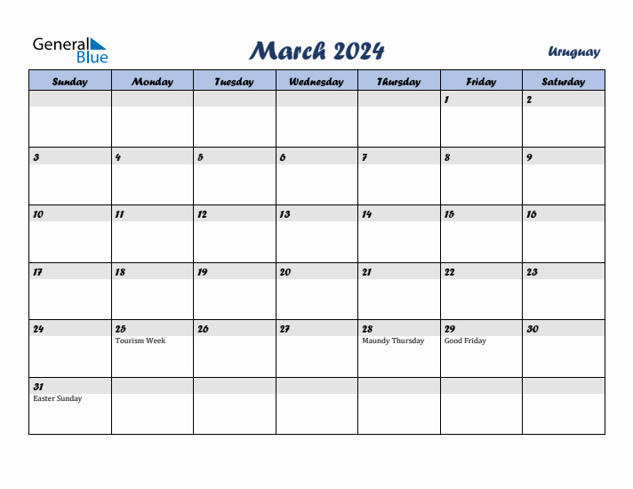 March 2024 Calendar with Holidays in Uruguay