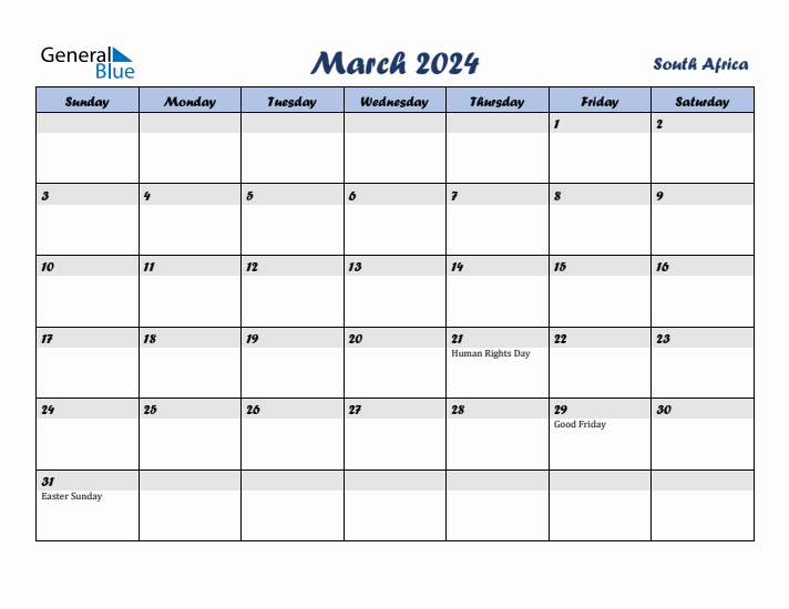 March 2024 Calendar with Holidays in South Africa