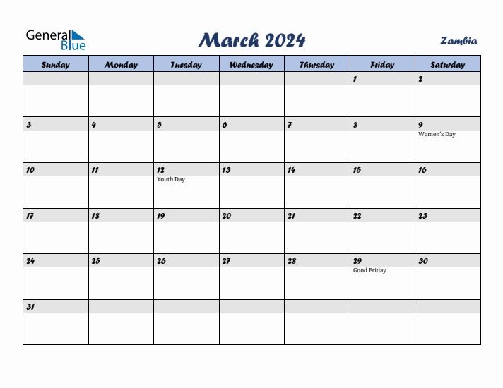 March 2024 Calendar with Holidays in Zambia