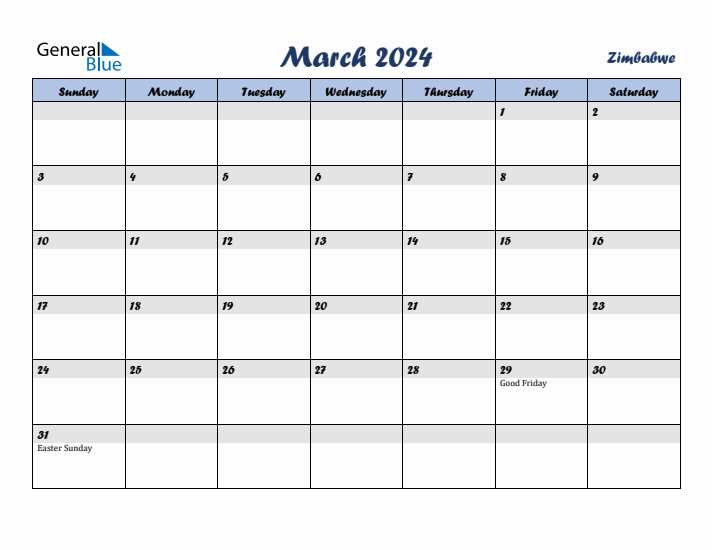 March 2024 Calendar with Holidays in Zimbabwe