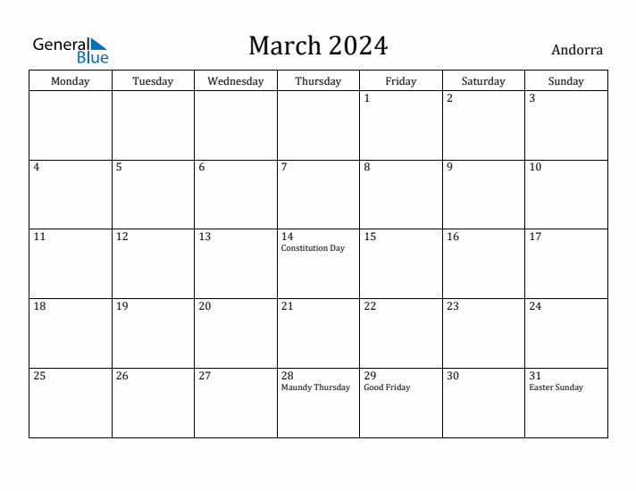 March 2024 Calendar Andorra