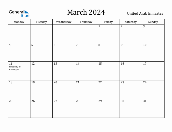 March 2024 Calendar United Arab Emirates