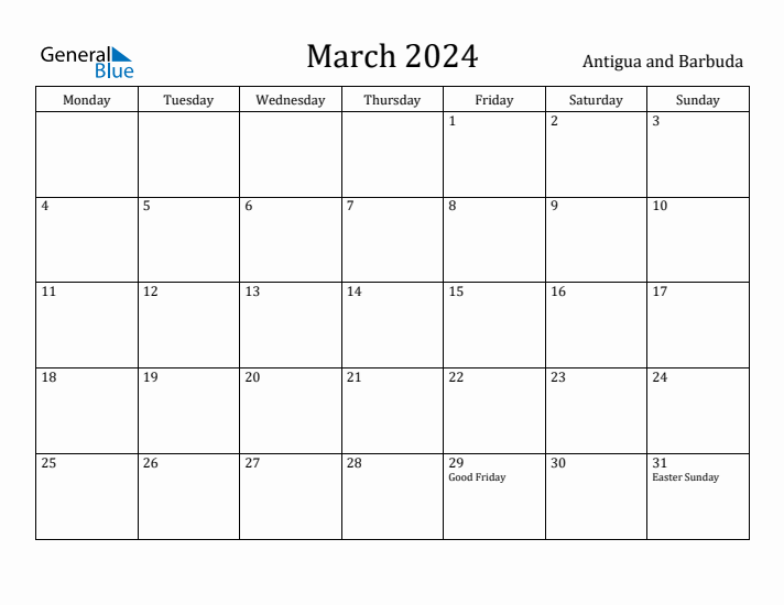 March 2024 Antigua and Barbuda Monthly Calendar with Holidays