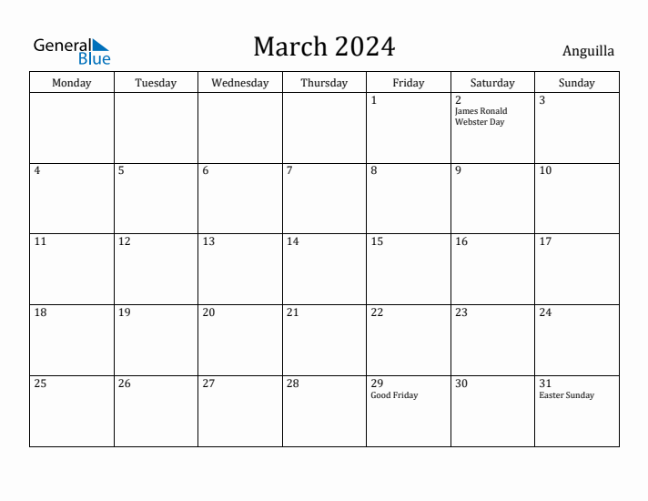 March 2024 Calendar Anguilla