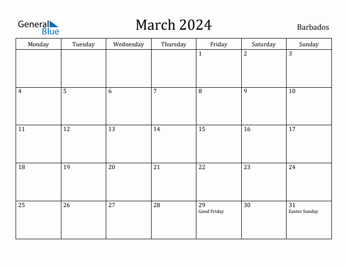 March 2024 Calendar Barbados