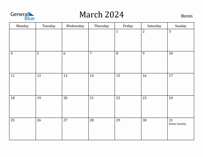 March 2024 Calendar Benin