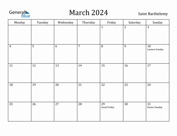 March 2024 Calendar Saint Barthelemy