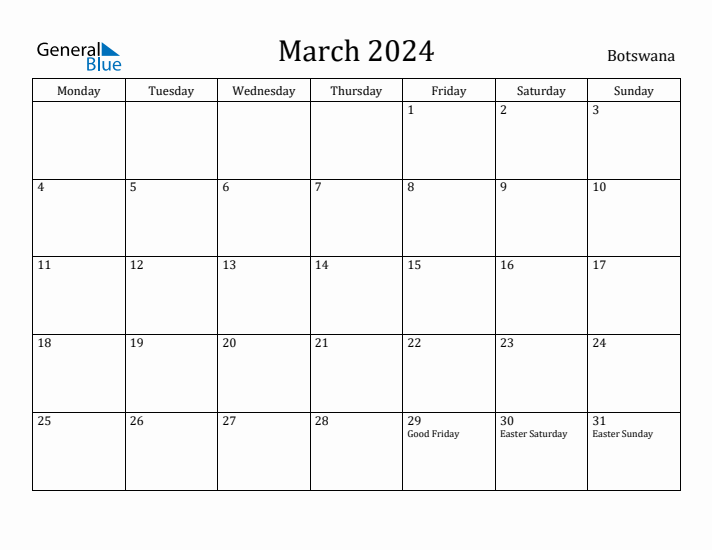 March 2024 Calendar Botswana