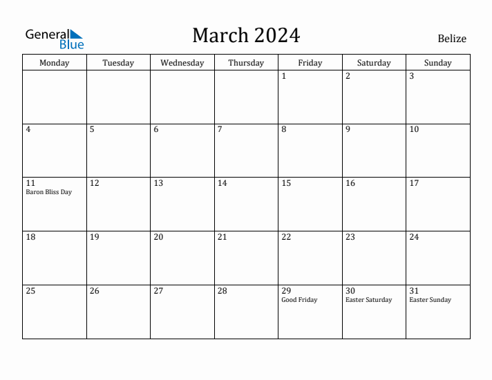 March 2024 Calendar Belize